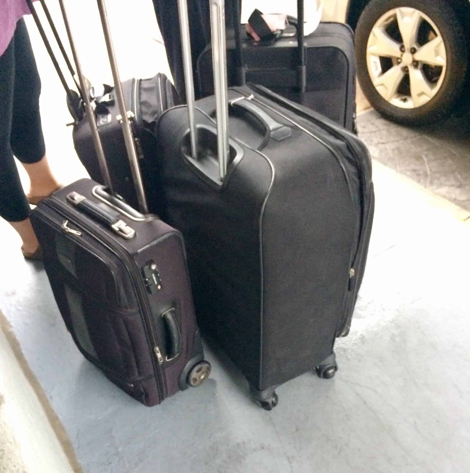 People traveling with their luggage arriving to the airport.