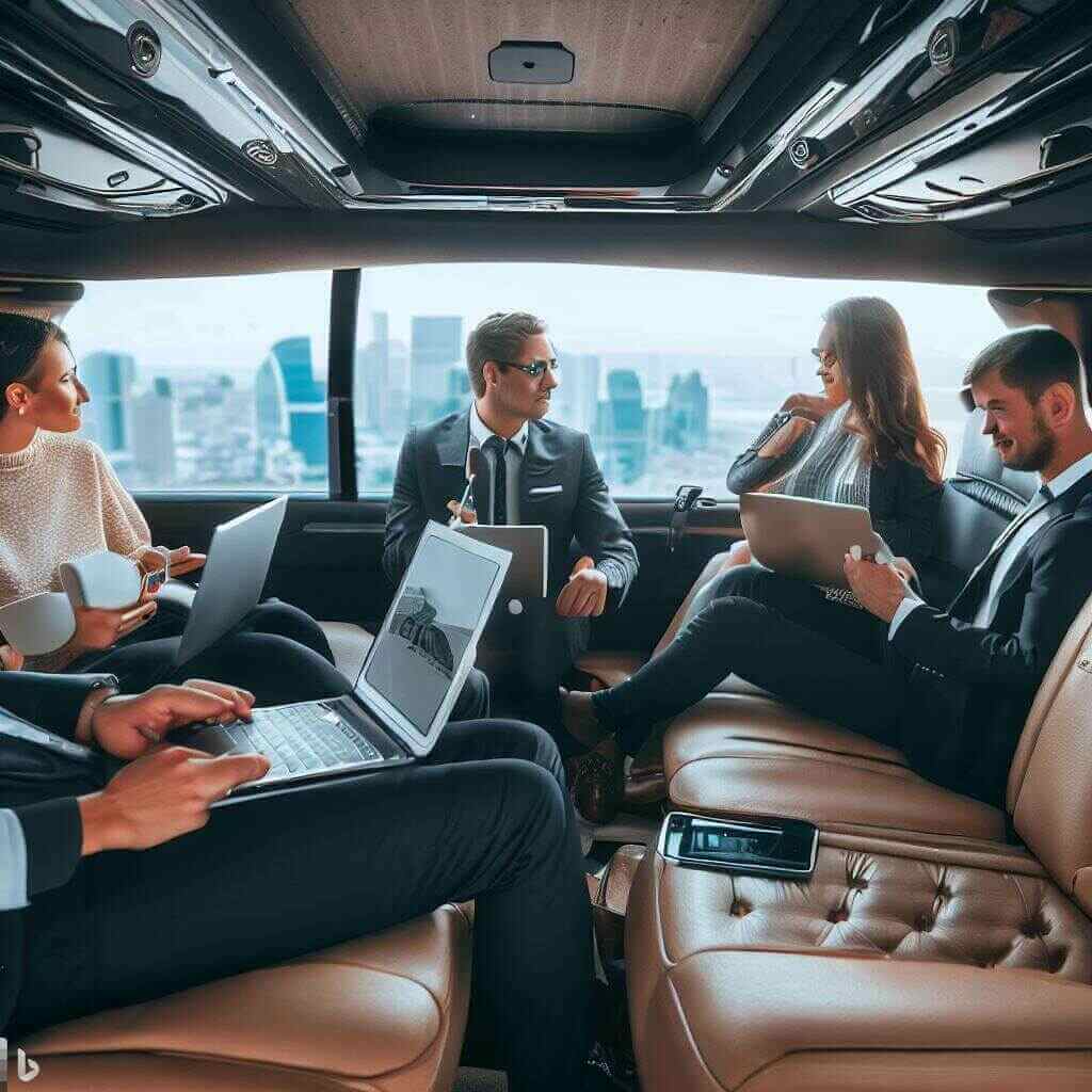 A group of professionals working on laptops and smartphones inside a limousine with a city skyline in the background